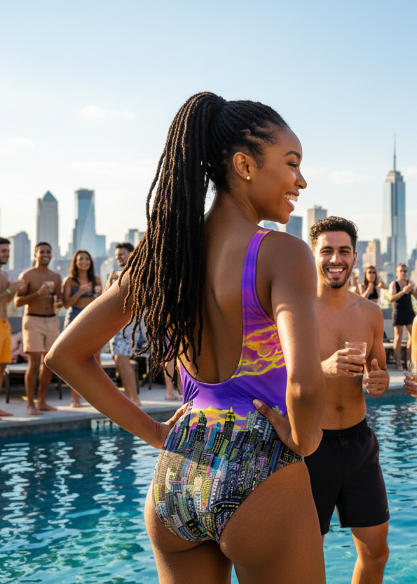 Woman with dreads in a colorful Loria NYC Art swimsuit standing by a pool with the skyline in the background