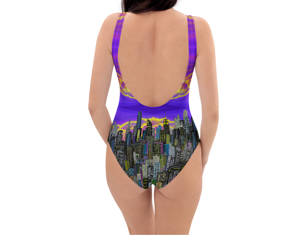 One-piece swimsuit with Loria NYC Art cityscape design on a white background