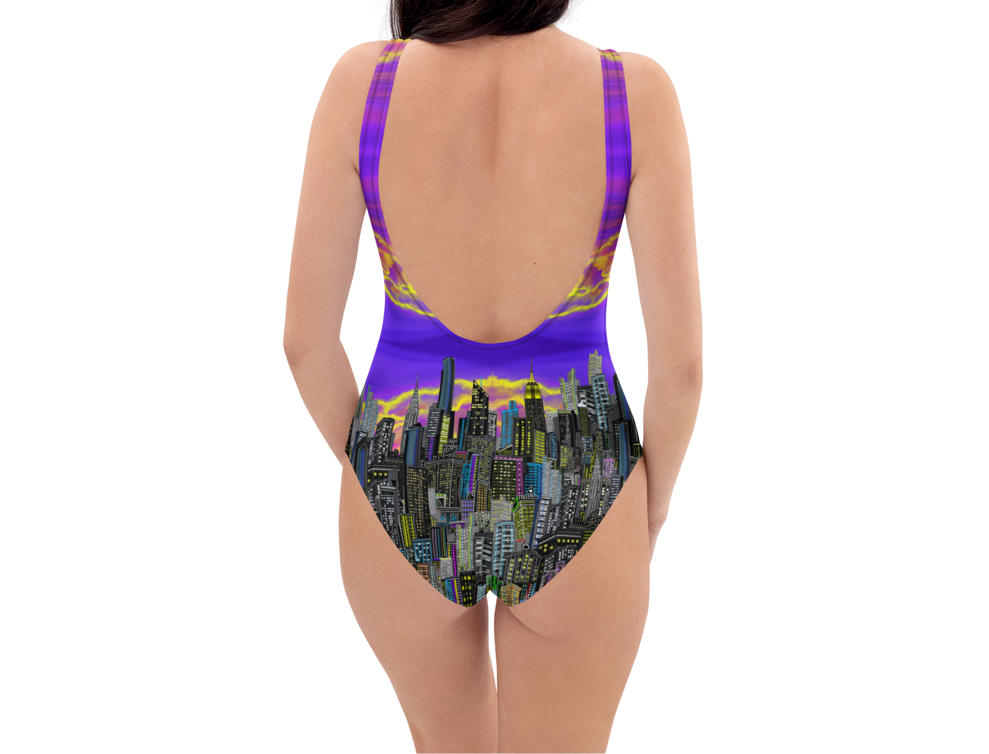 One-piece swimsuit with Loria NYC Art cityscape design on a white background