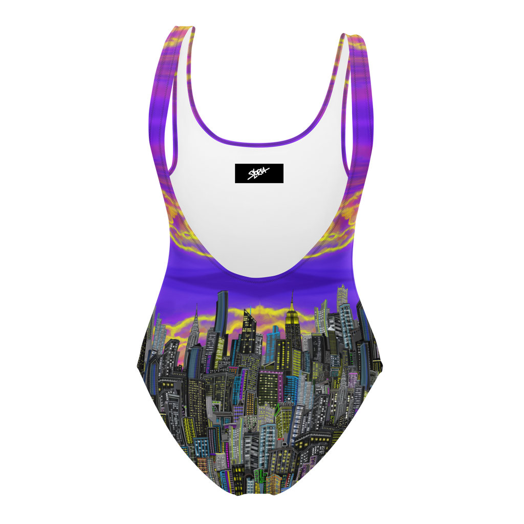 Swim suit with cityscape Loria NYC Art design on a white background