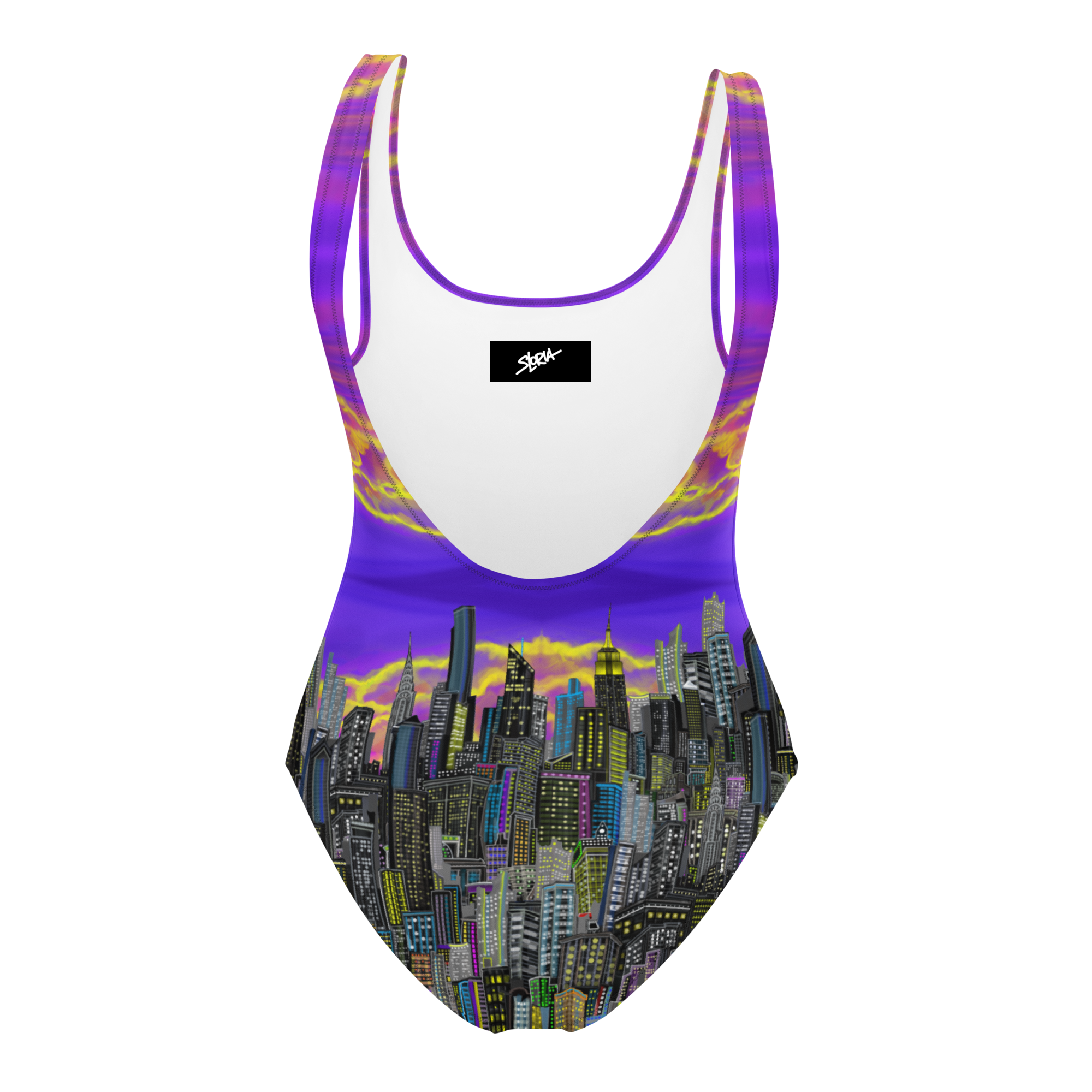 Swim suit with cityscape Loria NYC Art design on a white background