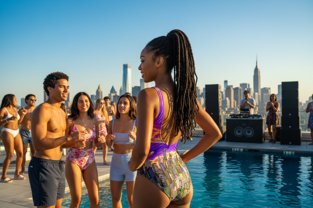 Woman on a roof top with friends in a colorful Loria NYC Art swimsuit standing by a pool with the skyline in the background