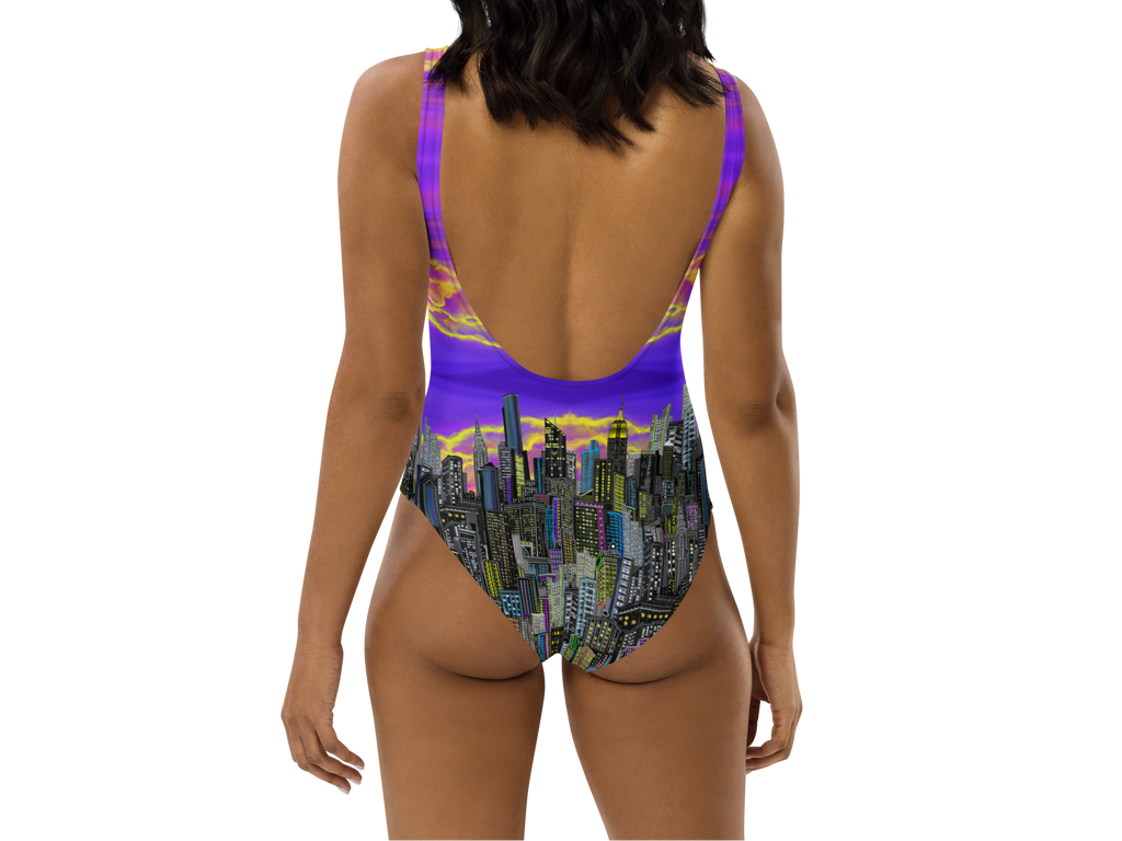One-piece swimsuit with Loria NYC Art cityscape design on a white background