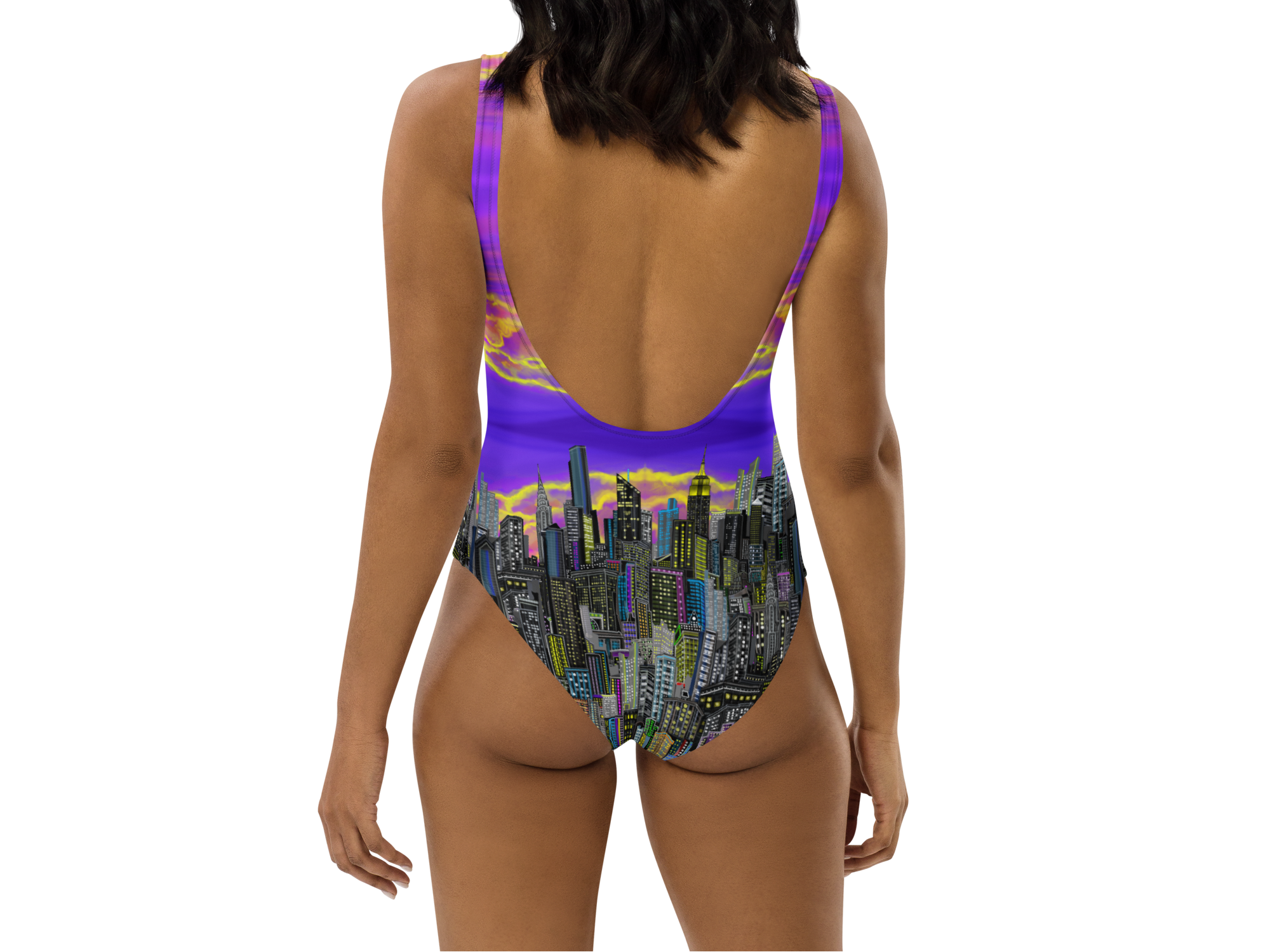 One-piece swimsuit with Loria NYC Art cityscape design on a white background