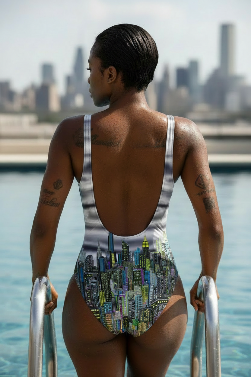 One-piece swimsuit with Loria NYC Art cityscape design on a white background
