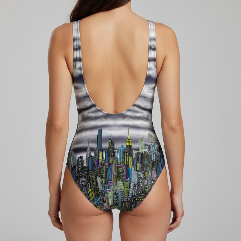 One-piece swimsuit with cityscape Loria NYC Art design on a plain background