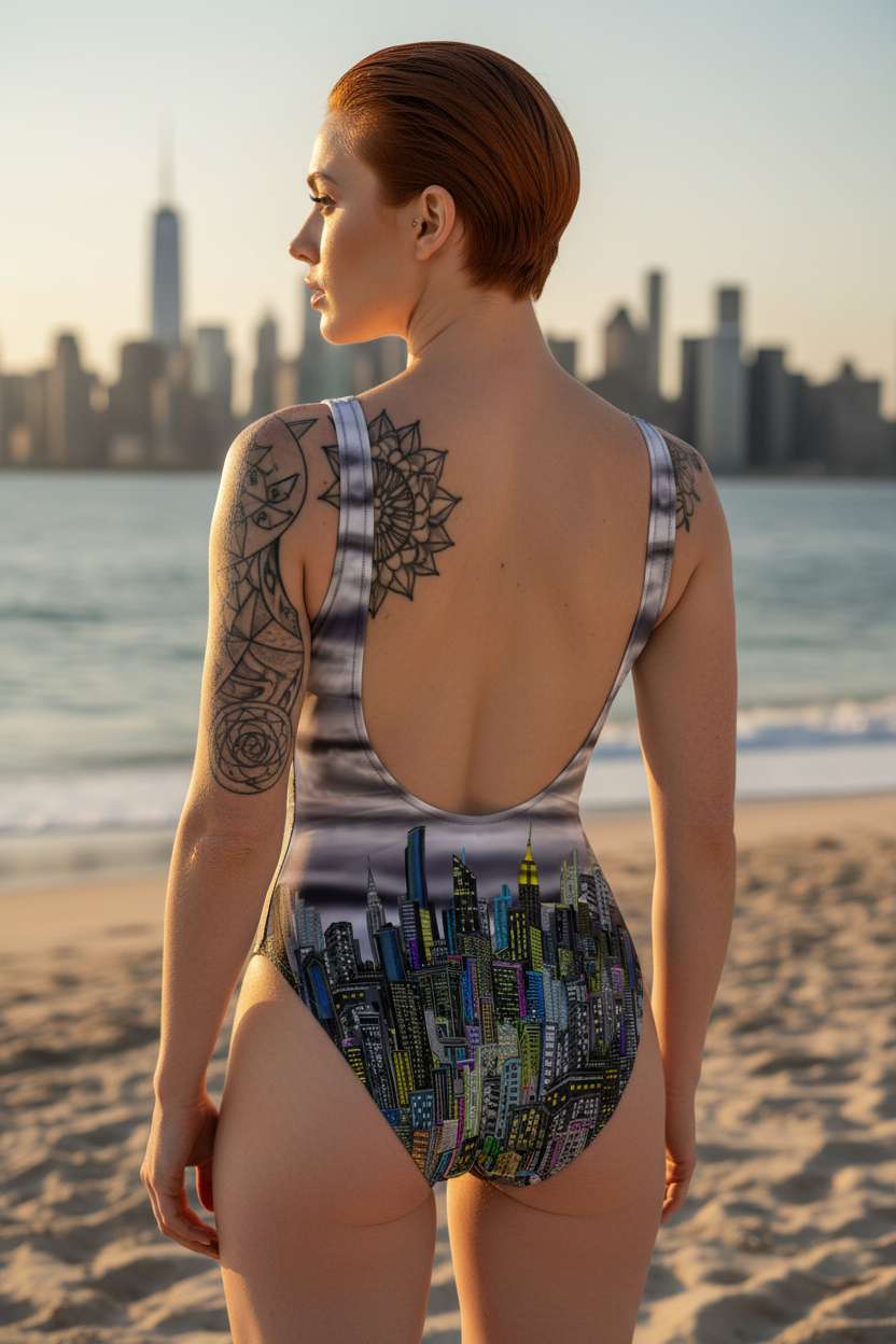 Woman in a swimsuit with a cityscape Loria NYC Art design on a beach with a city skyline in the background