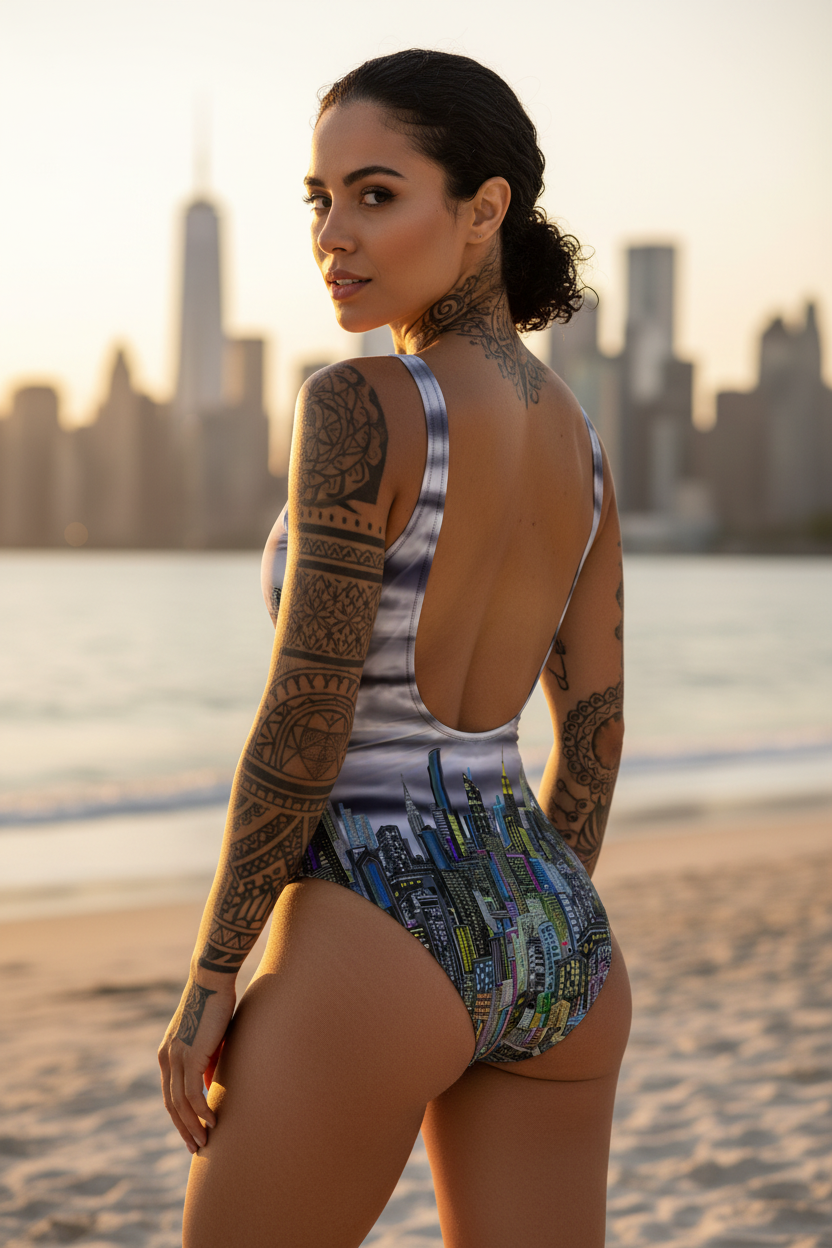Woman in a colorful Loria NYC Art swimsuit with tattoos standing on a beach with city skyline in the background