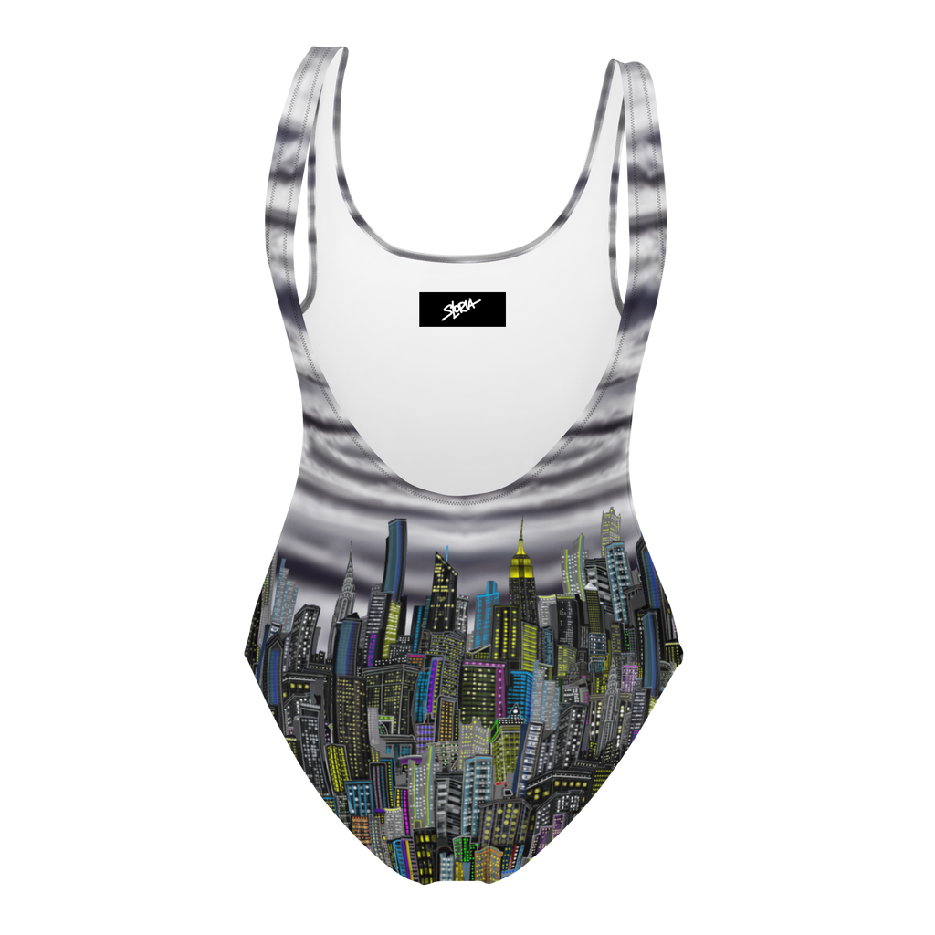 Swim suit with cityscape Loria NYC Art design on a white background