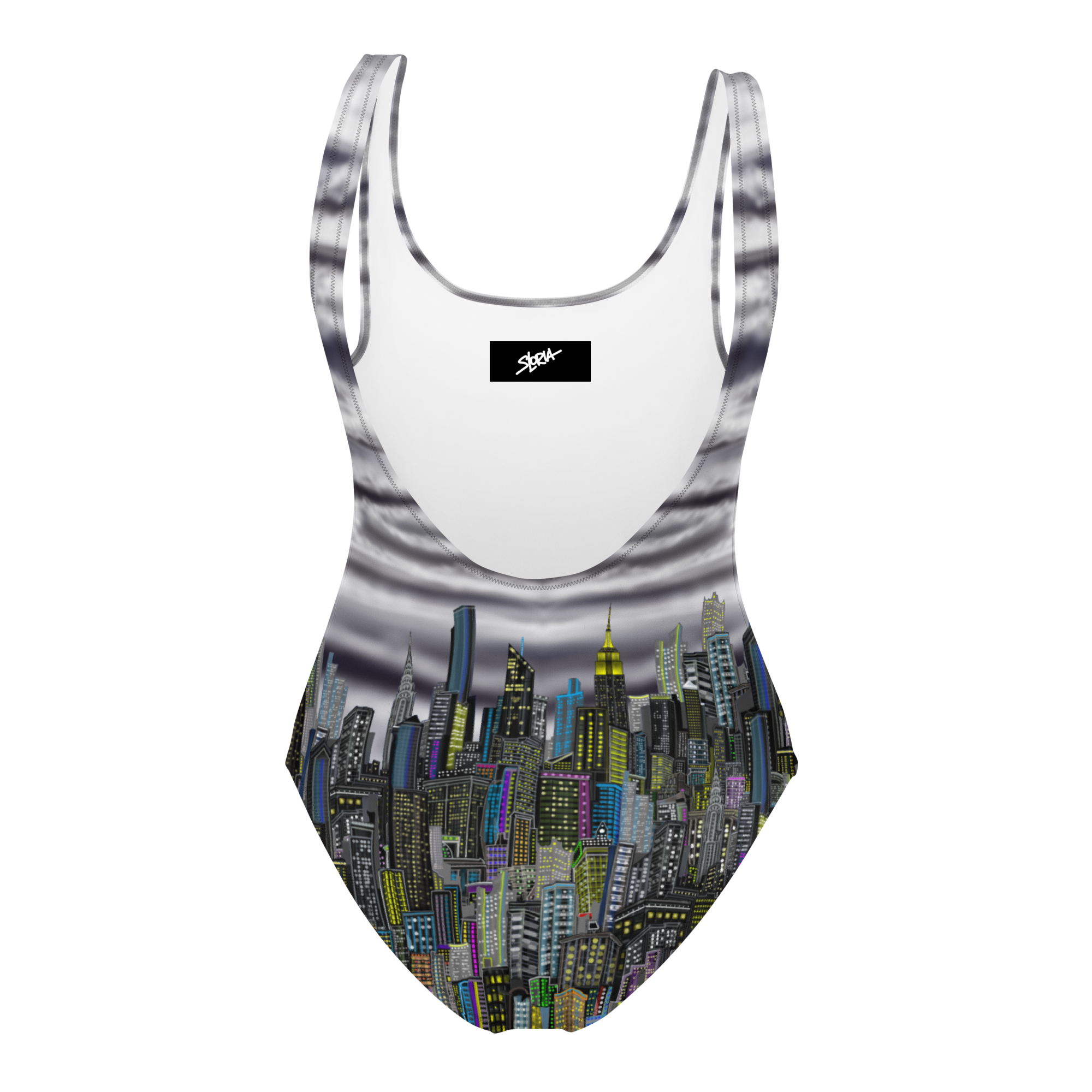 Swim suit with cityscape Loria NYC Art design on a white background