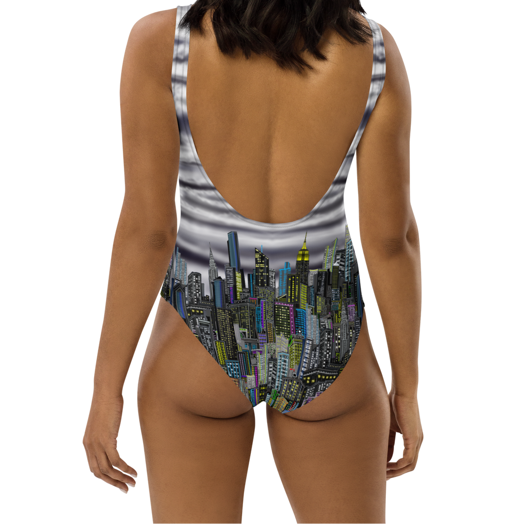 One-piece swimsuit with Loria NYC Art cityscape Loria NYC Art design on a white background