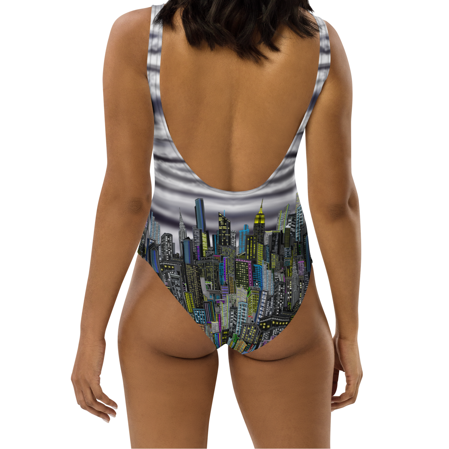 One-piece swimsuit with Loria NYC Art cityscape Loria NYC Art design on a white background