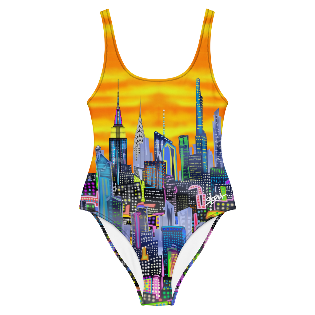 One-piece swimsuit with Loria NYC Art cityscape design on a white background