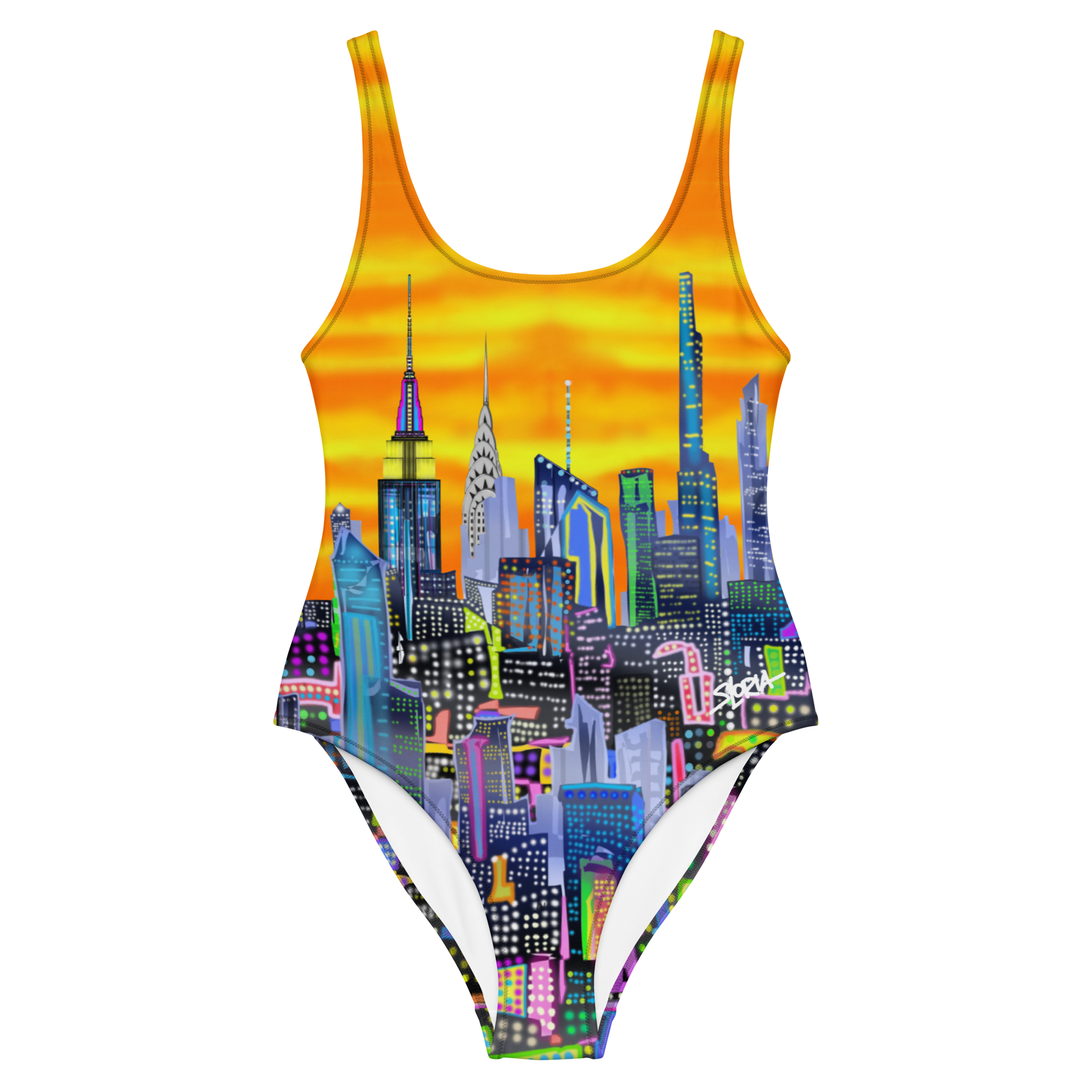One-piece swimsuit with Loria NYC Art cityscape design on a white background