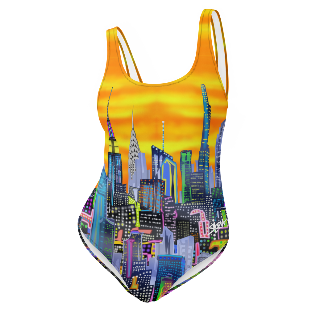 One-piece swimsuit with cityscape Loria NYC Art design on a white background