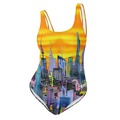 One-piece swimsuit with cityscape Loria NYC Art design on a white background
