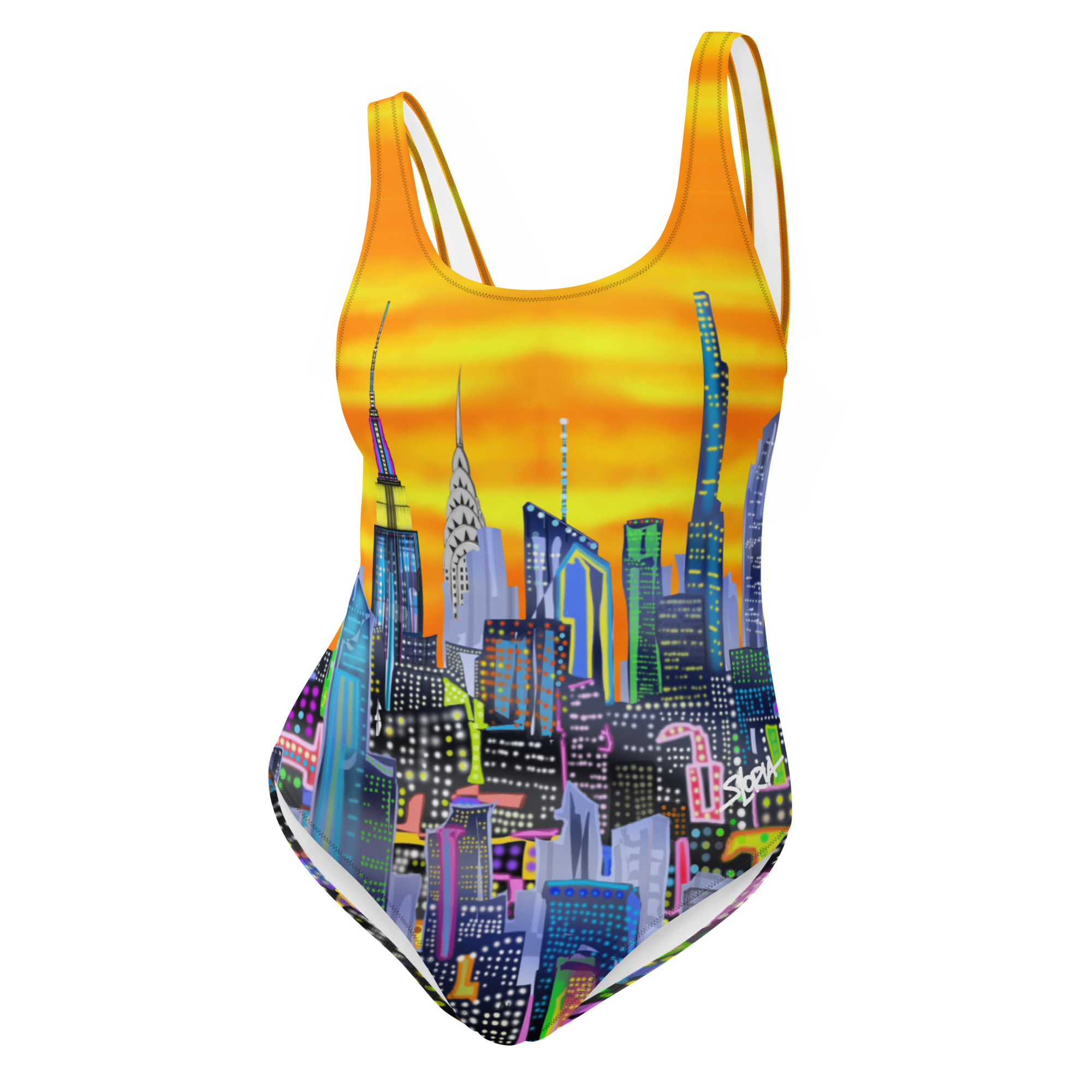 One-piece swimsuit with cityscape Loria NYC Art design on a white background
