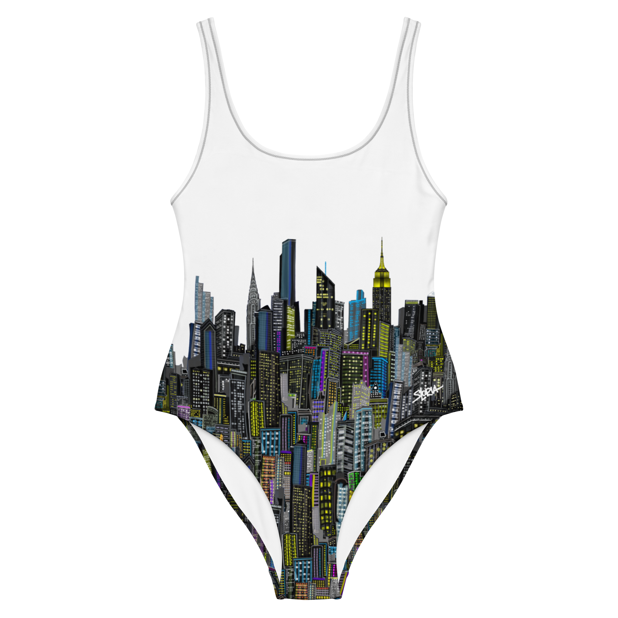 One-piece swimsuit with Loria NYC Art skyline design on a white background