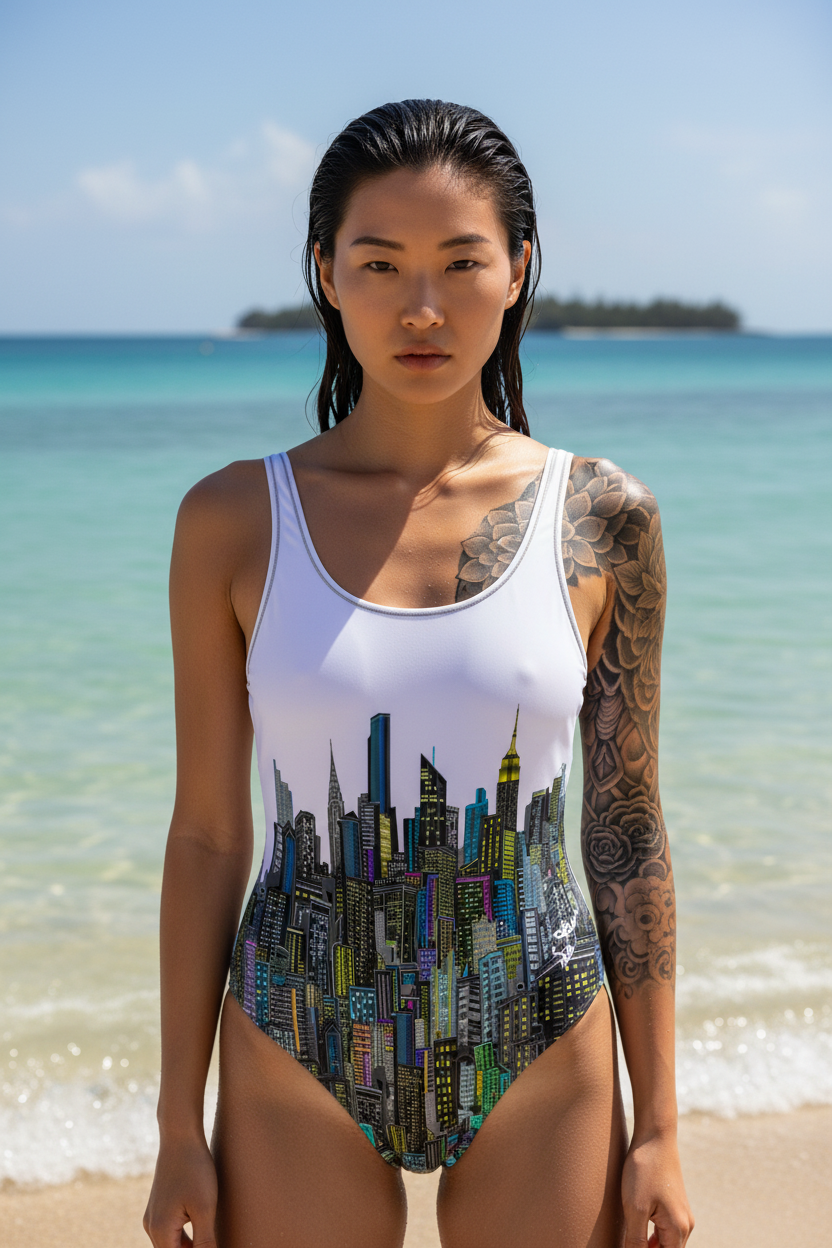 Woman wearing a swimsuit with a cityscape Loria NYC Art design on a beach