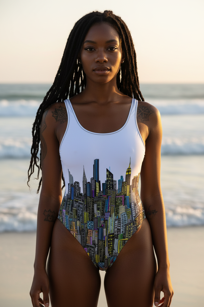 Woman wearing a swimsuit with a cityscape Loria NYC Art design on a beach