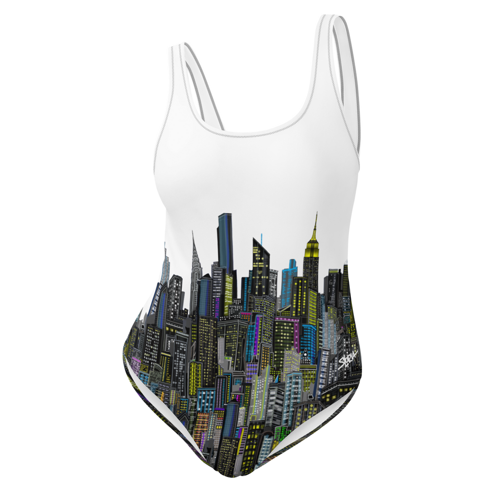 One-piece swimsuit with Loria NYC Art cityscape design on a white background