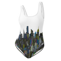 One-piece swimsuit with Loria NYC Art cityscape design on a white background