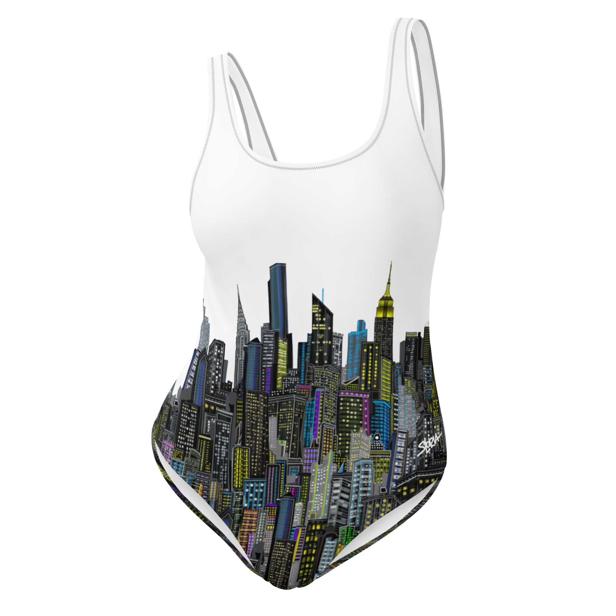 One-piece swimsuit with Loria NYC Art cityscape design on a white background