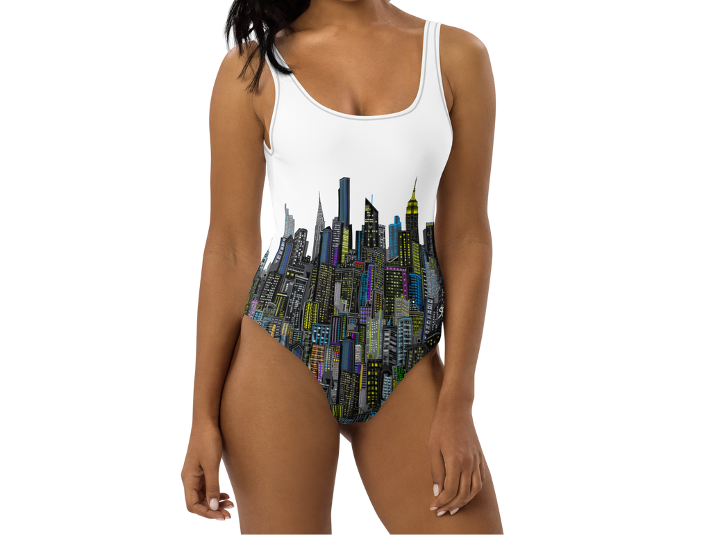 Woman wearing a white tank top with a cityscape  Loria NYC Art design on a white background