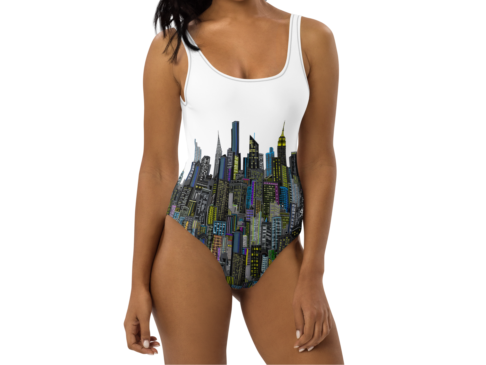 Woman wearing a white tank top with a cityscape  Loria NYC Art design on a white background
