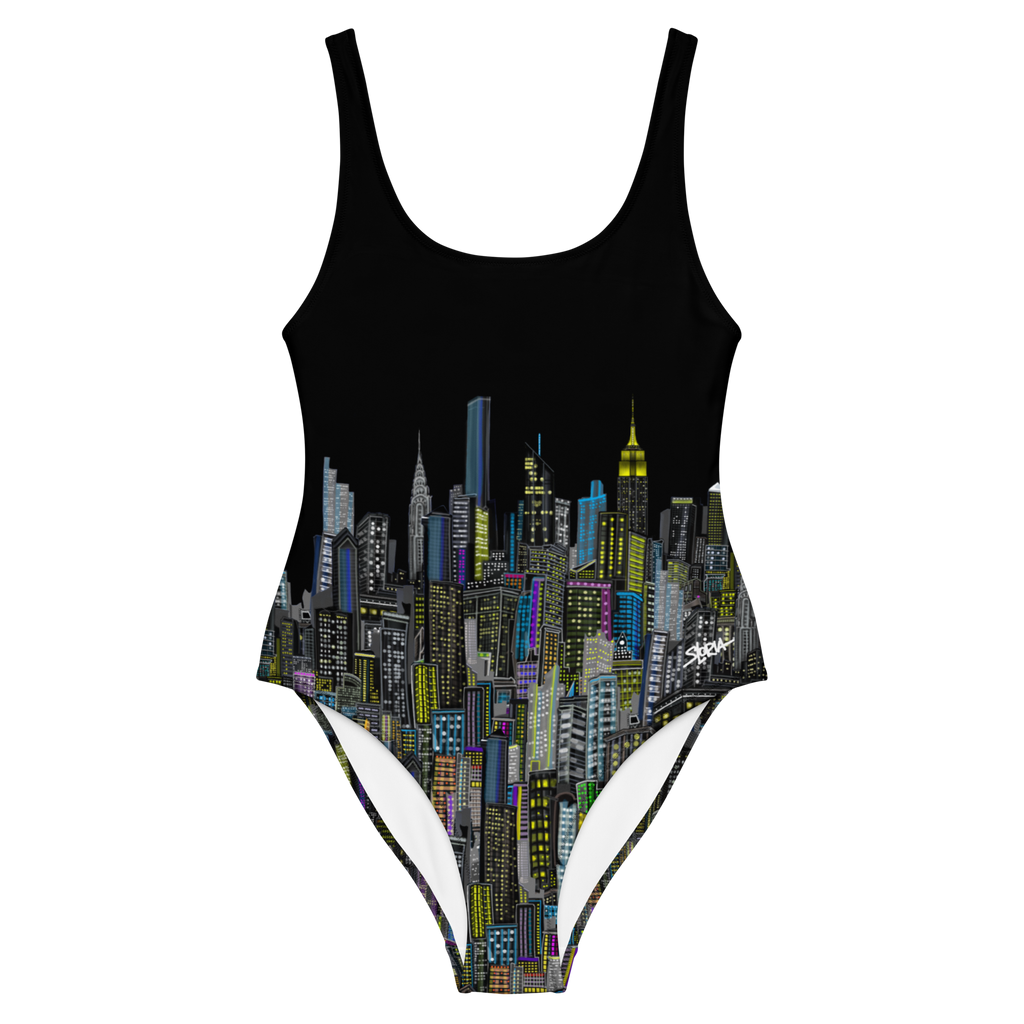 Black swimsuit with cityscape Loria NYC Art design on a white background