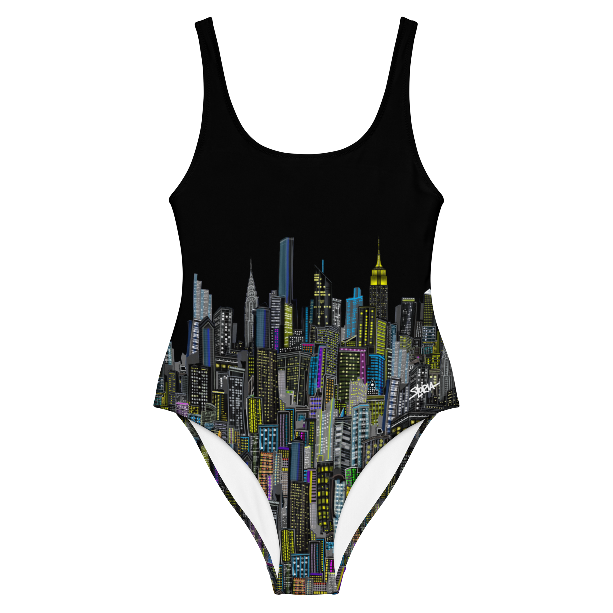 Black swimsuit with cityscape Loria NYC Art design on a white background
