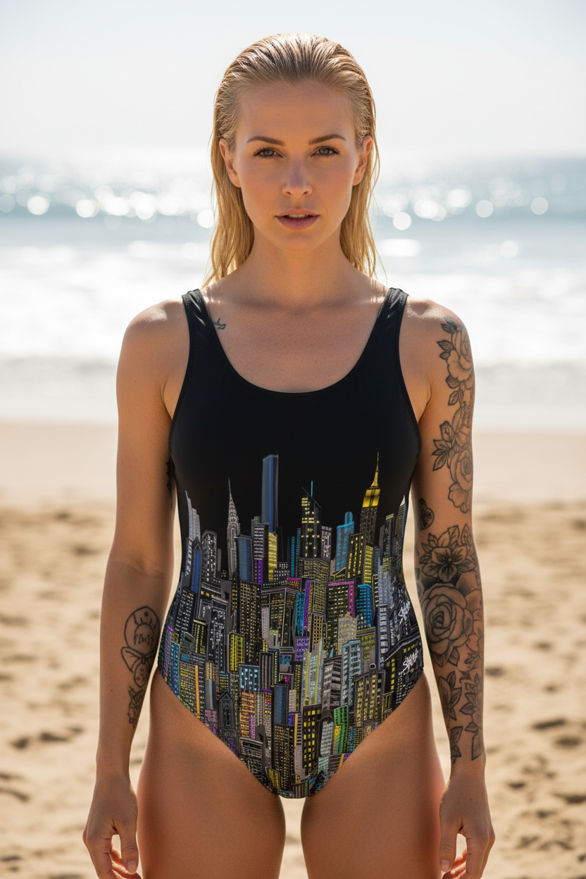 Woman wearing a black Loria NYC Art swimsuit with cityscape design on a beach