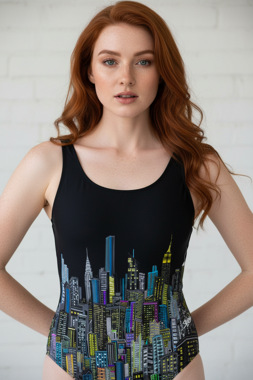 Woman wearing a black Loria NYC Art swimsuit with cityscape design against a plain background