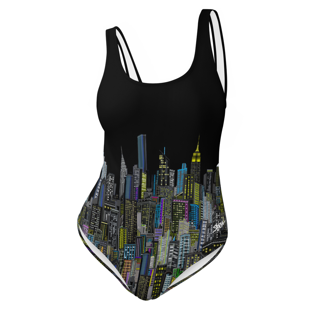 Front of a Black swimsuit with Loria NYC Art cityscape design on a white background