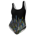 Front of a Black swimsuit with Loria NYC Art cityscape design on a white background