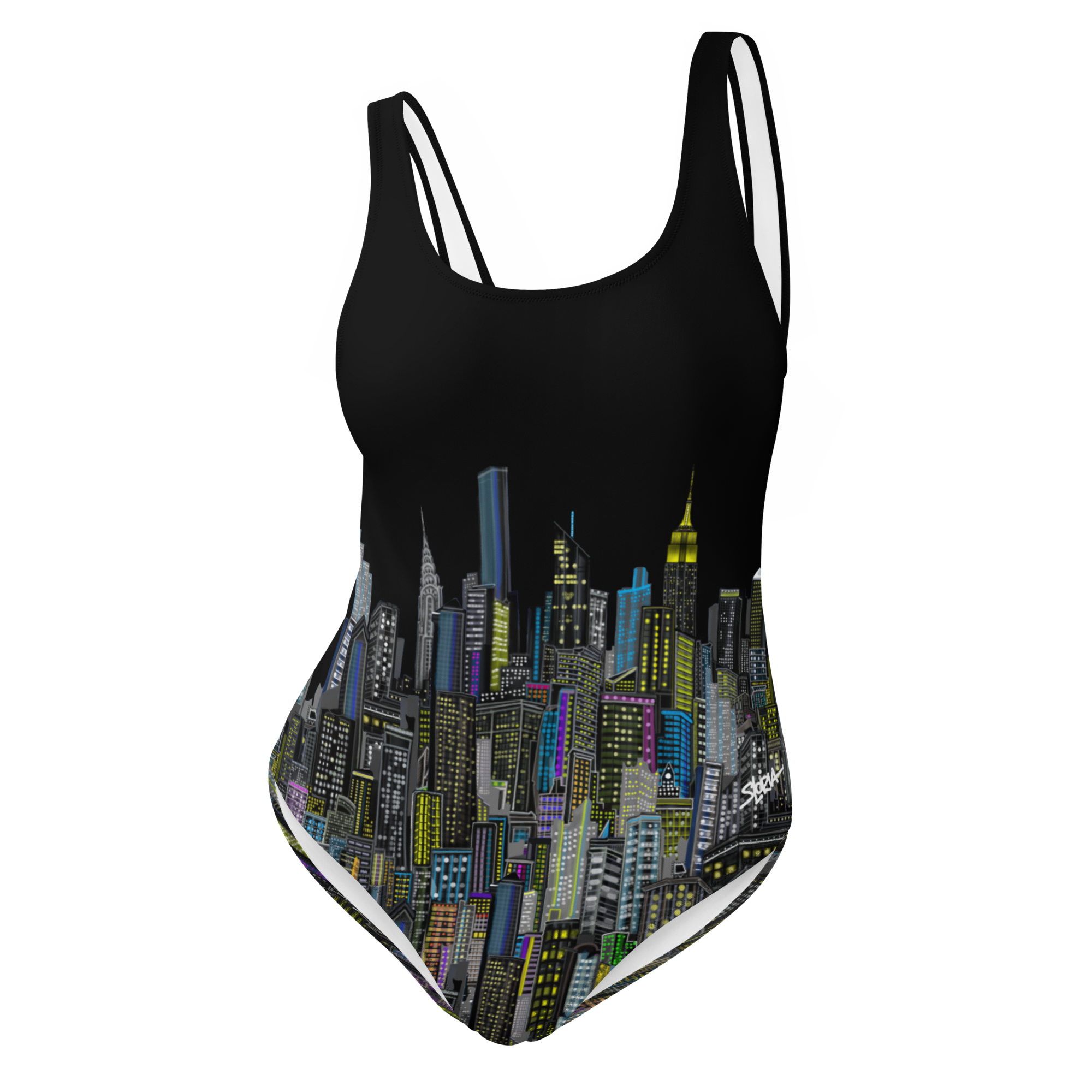 Front of a Black swimsuit with Loria NYC Art cityscape design on a white background