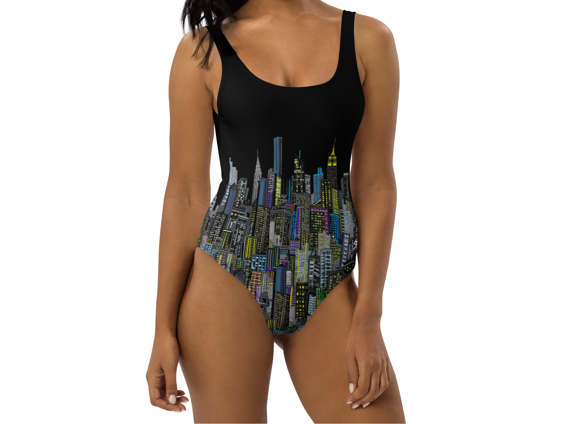 Woman wearing a black one-piece swimsuit with cityscape Loria NYC Art design on a white background