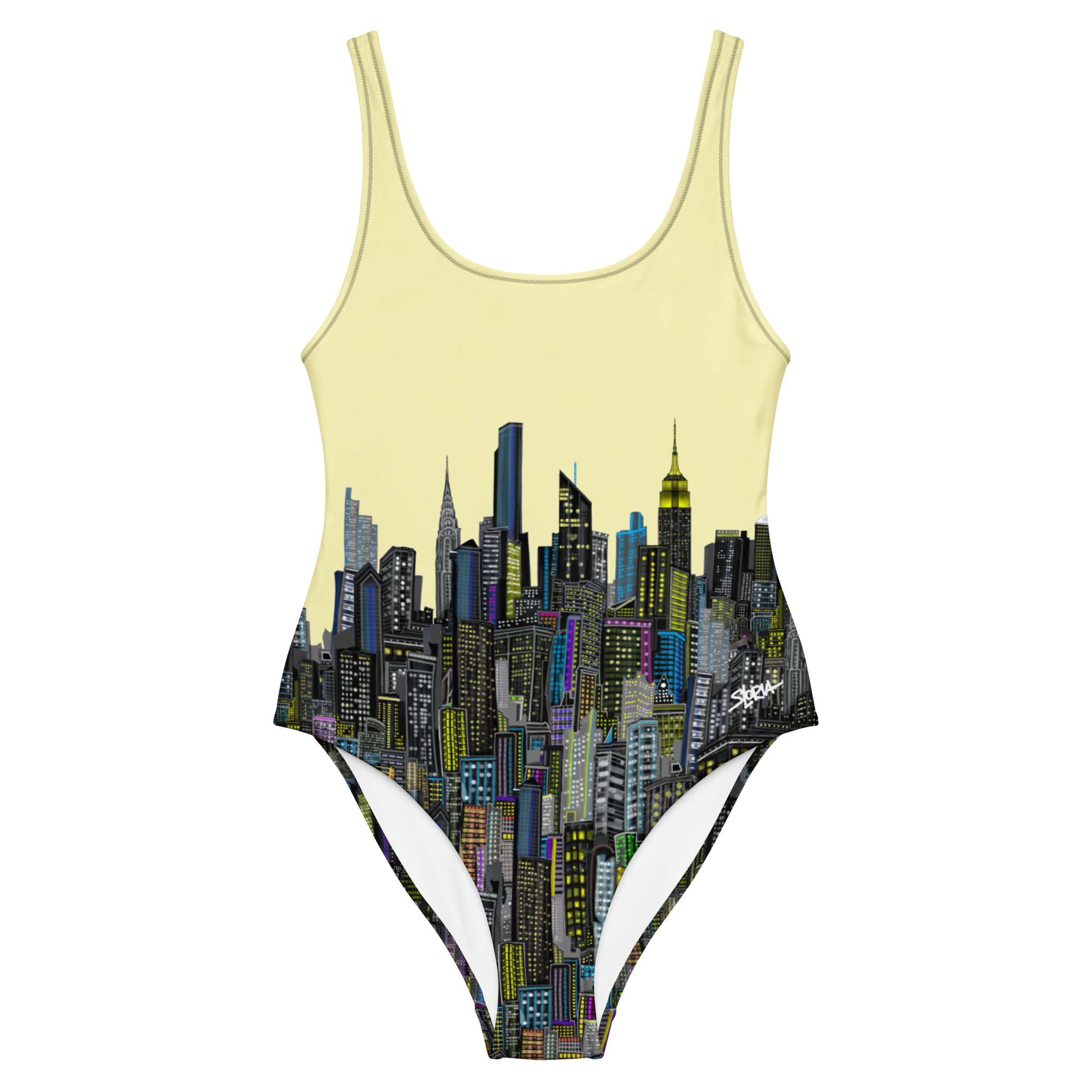 One-piece Loria NYC Art swimsuit with city skyline design on a light yellow background
