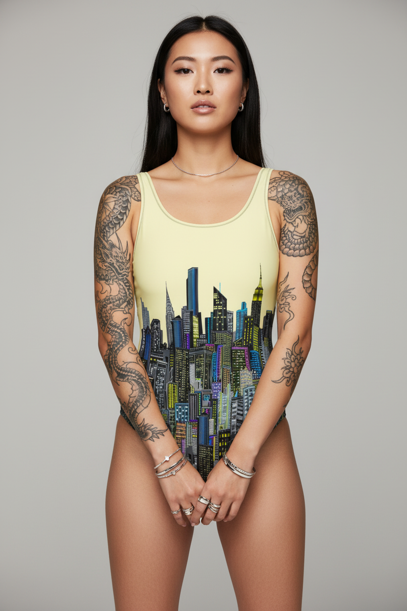 Woman wearing a yellow Loria NYC Art swimsuit with a cityscape design on a gray background