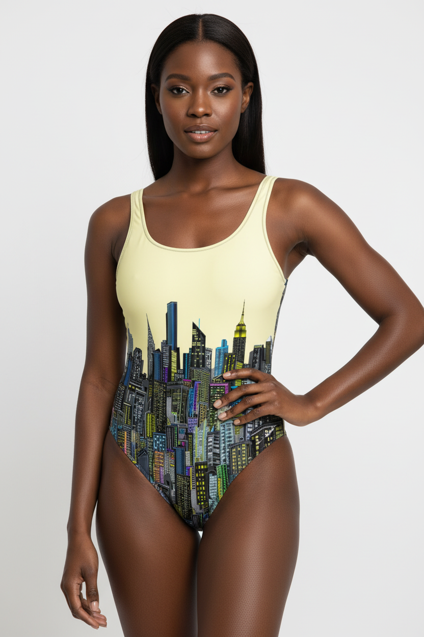 Woman wearing a one-piece swimsuit with cityscape Loria NYC Art design on a plain background