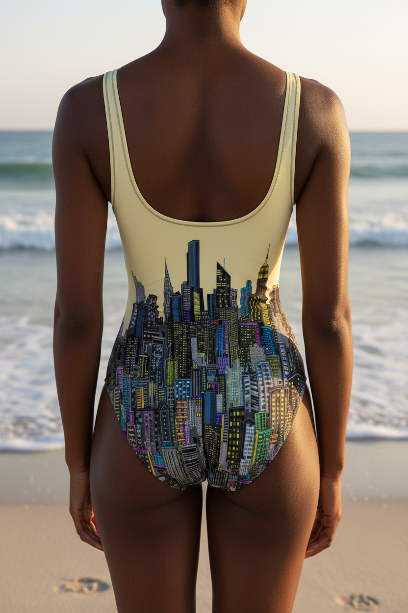 Person wearing a swimsuit with a cityscape Loria NYC Art design on a beach