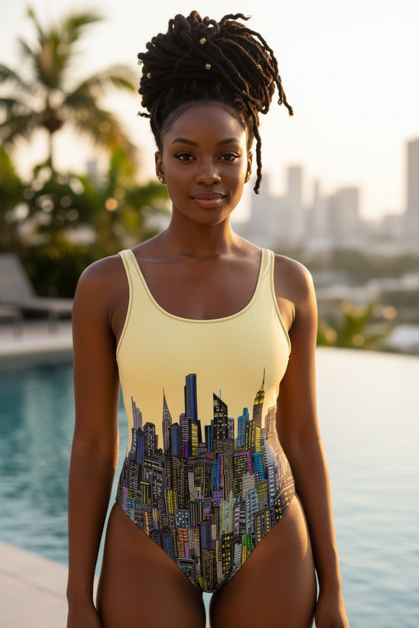 Woman wearing a swimsuit with cityscape Loria NYC At design by a poolside with palm trees and skyline in the background