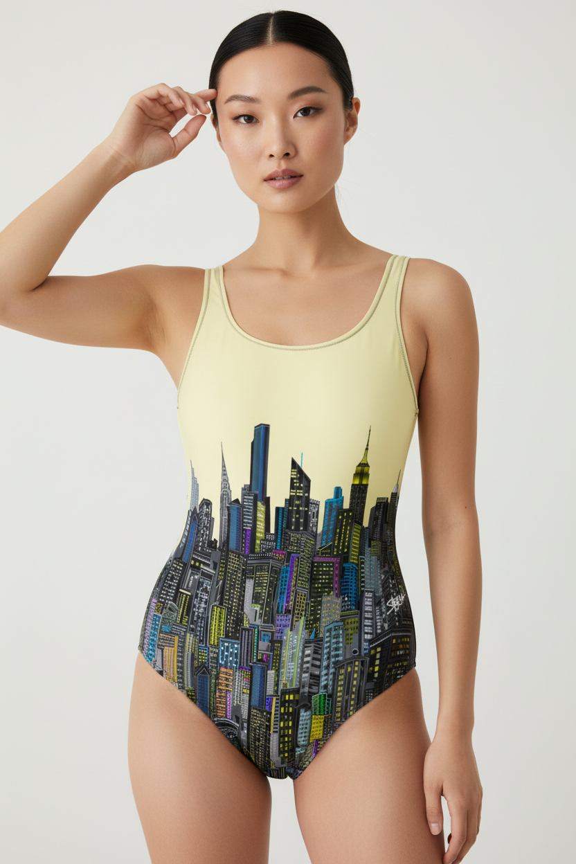 Woman wearing a one-piece swimsuit with cityscape Loria NYC Art design on a white background