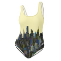 One-piece swimsuit with city skyline Loria NYC Art design on a light yellow background