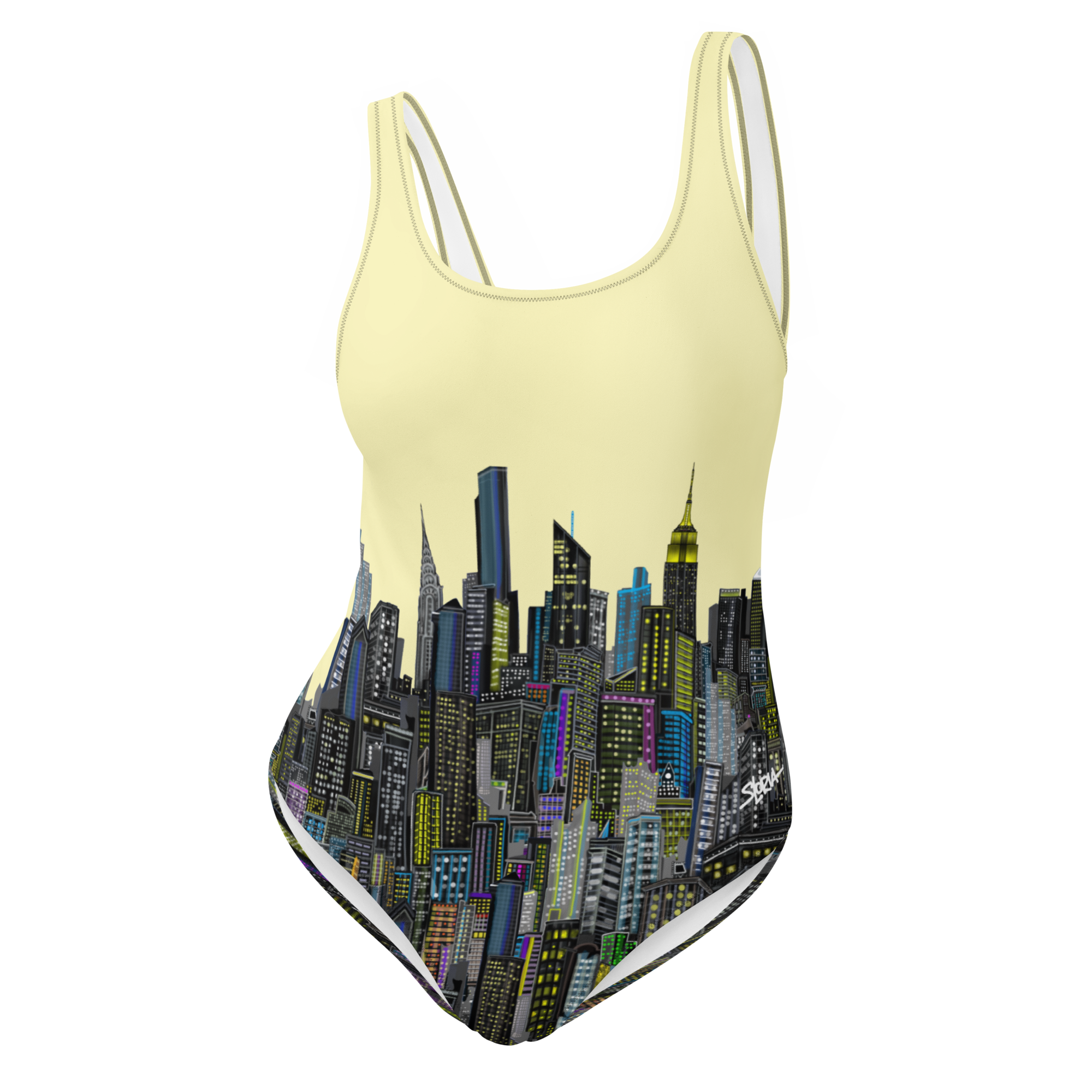 One-piece swimsuit with city skyline Loria NYC Art design on a light yellow background