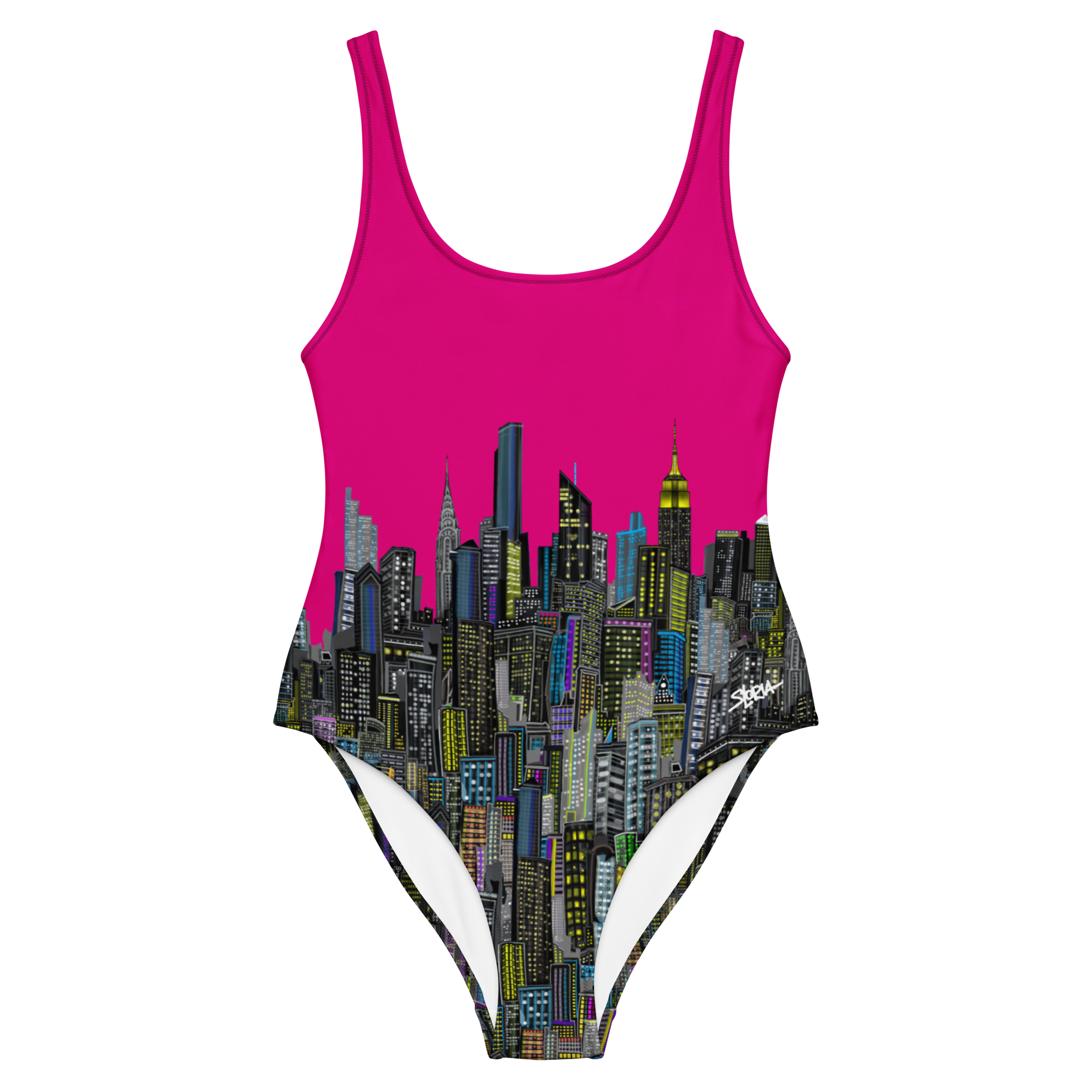 Back of a fuchsia Loria NYC Art swimsuit with cityscape design on a white background