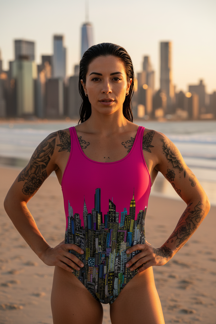 Woman in a fuchsia Loria NYC Art swimsuit with cityscape design on a beach with city skyline in the background
