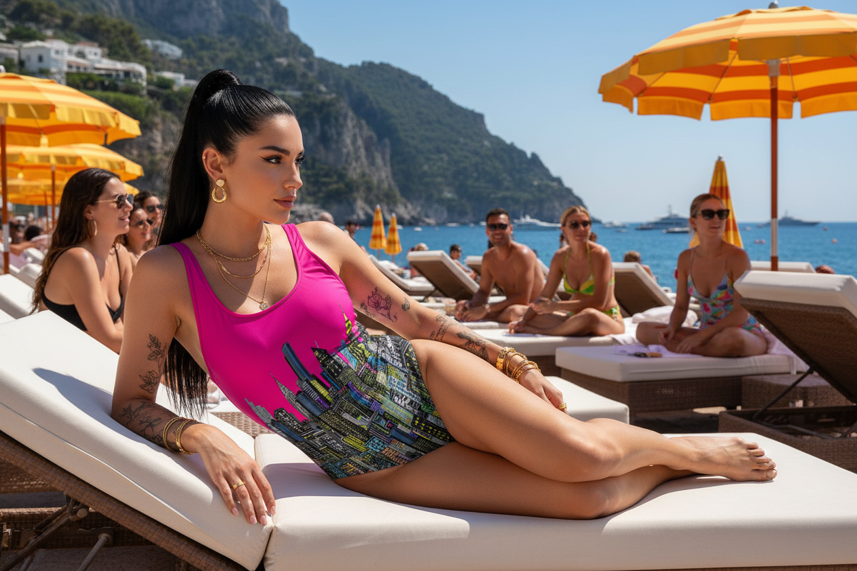 Woman in a pink swimsuit with a Loria NYC Art colorful design lounging on a beach with scenic views and people around.