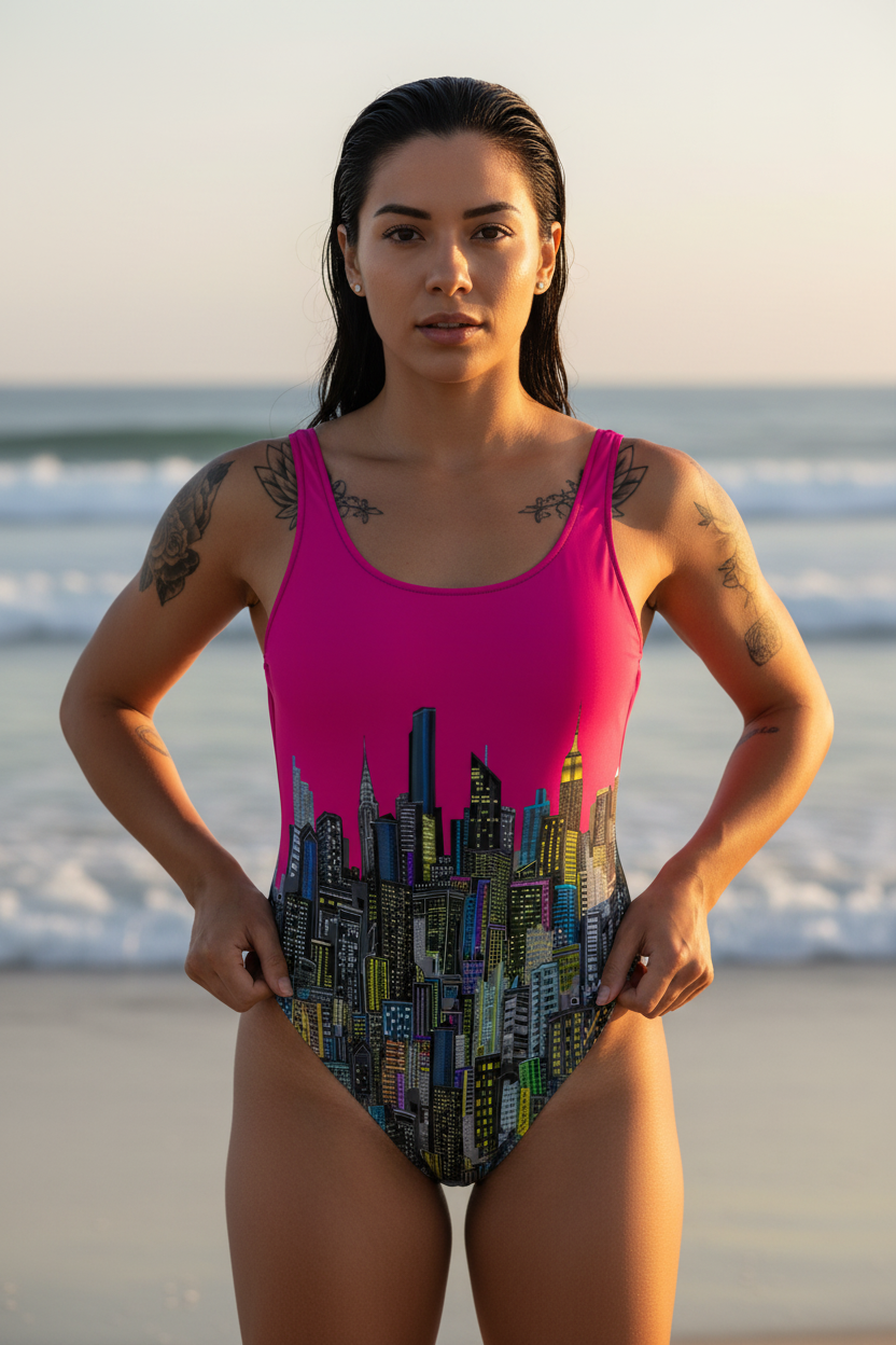 Woman wearing a Loria NYC Art pink and black cityscape swimsuit on a beach