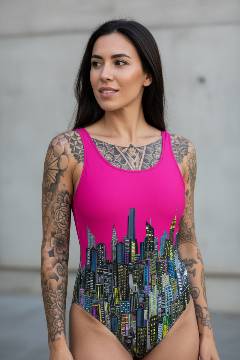 Woman wearing a pink Loria NYC Art swimsuit with a cityscape design against a neutral background